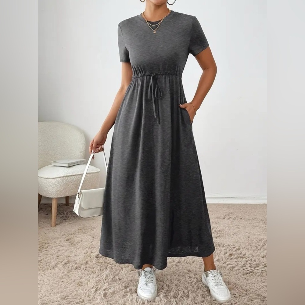 Casual Drawstring Waist Short Sleeve Tee Dress